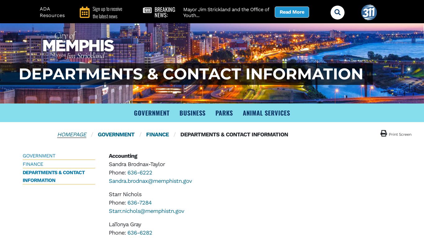 Departments & Contact Information - City of Memphis - Memphis, TN